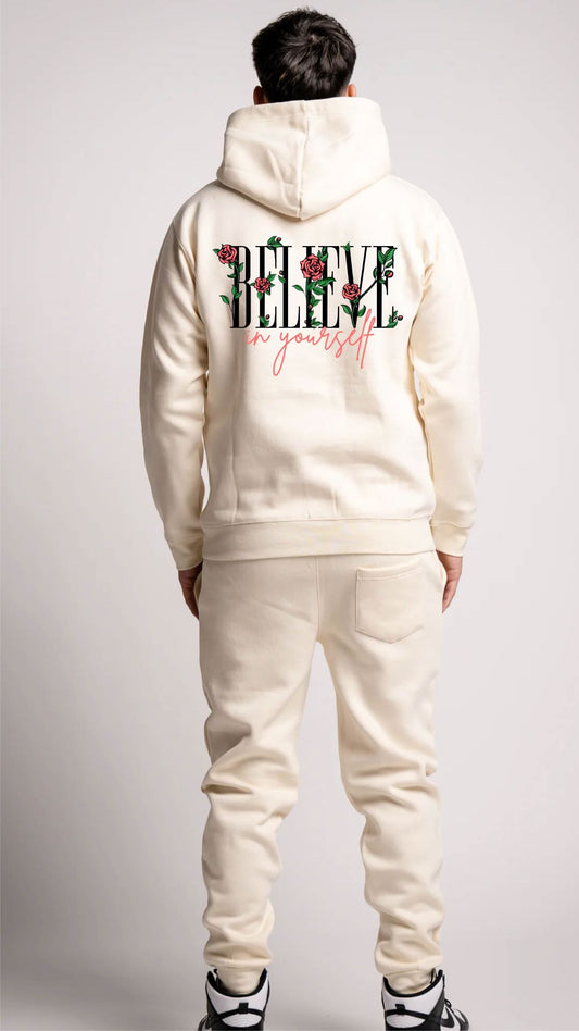 "BELIEVE IN YOURSELF" FLEECE SWEATSUIT (CREAM)